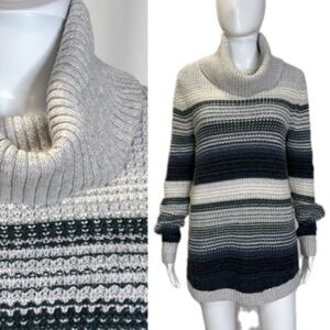 L.L. Bean Womens Chunky Waffle Knit Striped Turtleneck Tunic Sweater Size Small